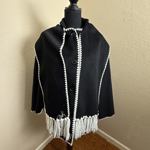 VICI Small Black Cape Jacket White Trim Fringe Hem Boho Chic Button Closure - Picture 1 of 7